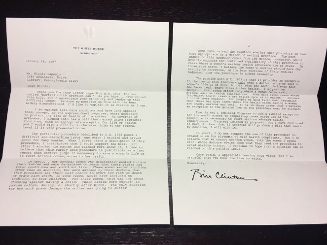 Letter from President Clinton in response to his veto on partial birth abortion ban